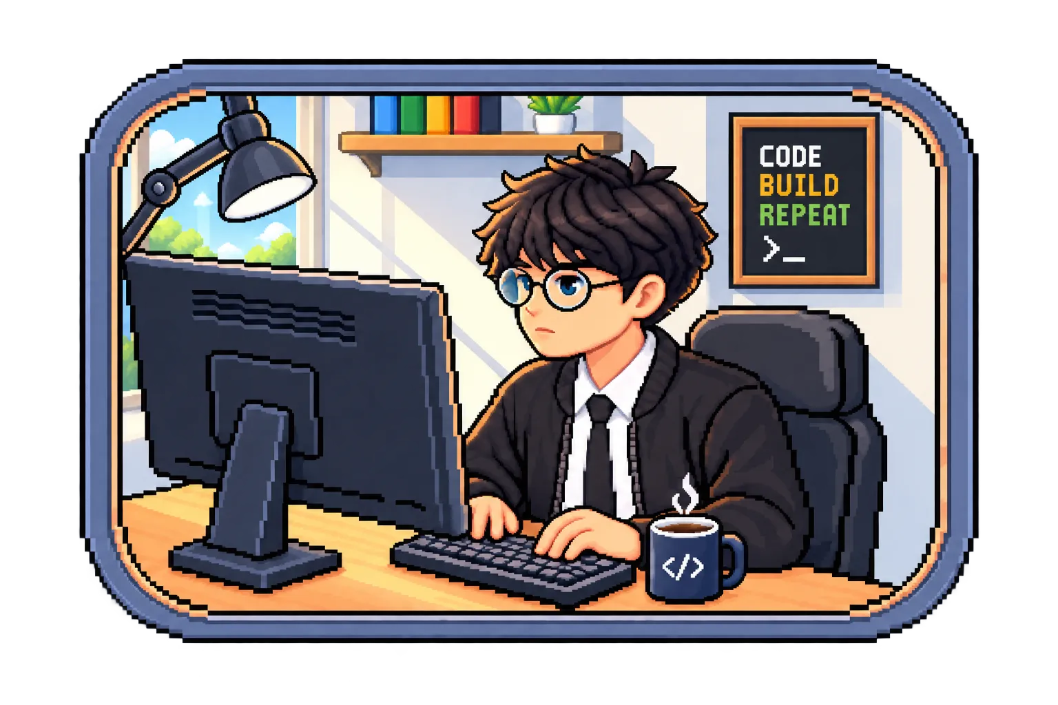 Ilustracion pixel art de Daniel programando en su escritorio